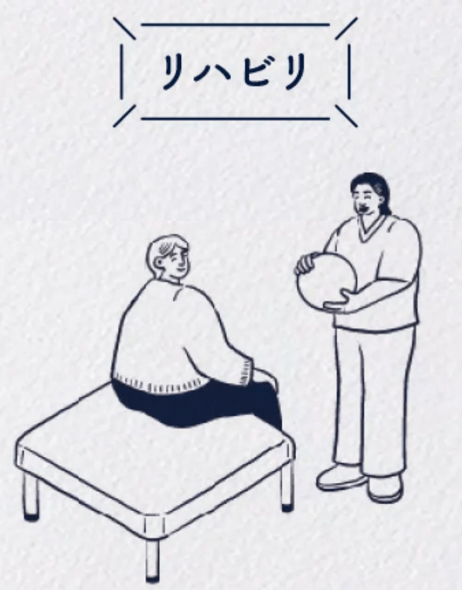 リハビリテーションのセッション中の男性と女性のイラスト。女性はベンチに座っており、男性が球体を持っている。