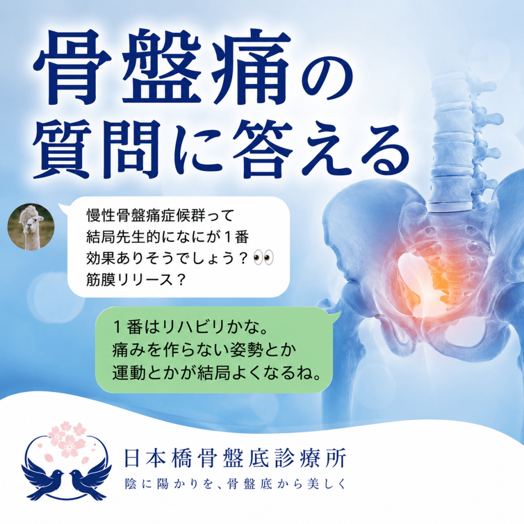 「おつです！慢性骨盤痛症候群って、結局先生的には何が一番効果ありそうでしょう？ 筋膜リリース？」
